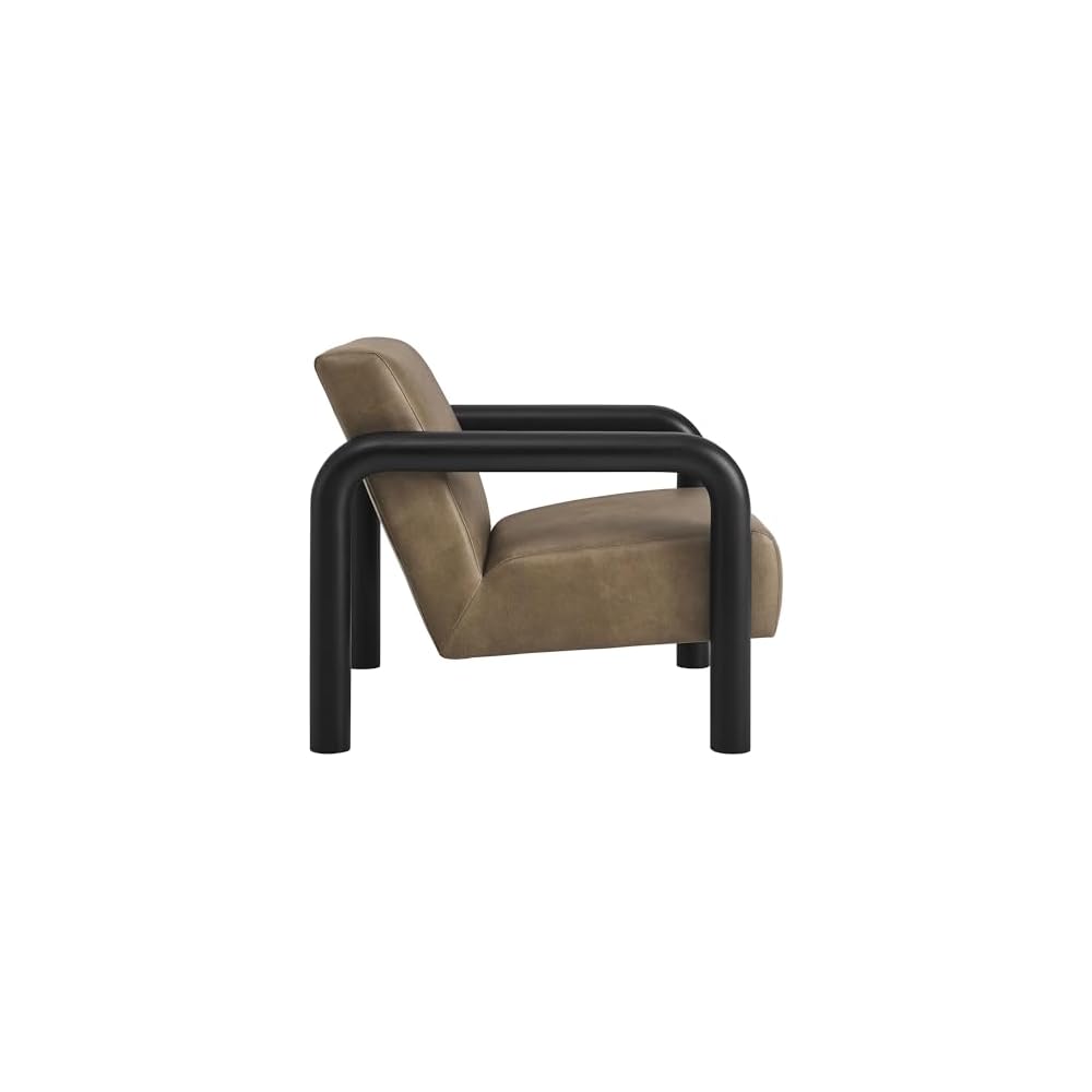 Modway Sereno Modern Vegan Leather Accent Chair in Mushroom Black with Rounded Wood Armrests – Faux Leather Lounge Chair for Living Room or Bedroom