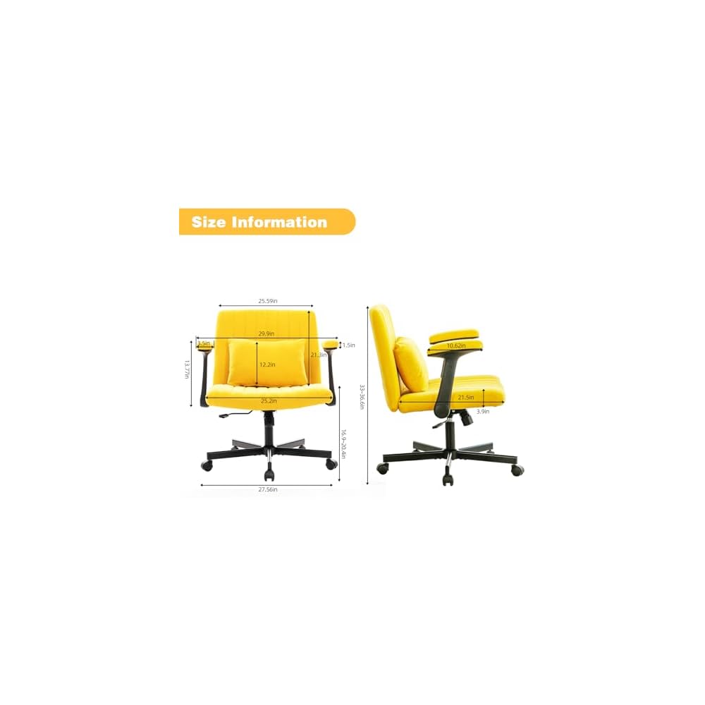 Criss Cross Legged Office Chair with Flip-UP Arms and Wheels,Wide Office Chair with Pillow, Modern Cross-Leg Chair for Home Office, Apartment, Vanity, Ergonomic (Yellow)