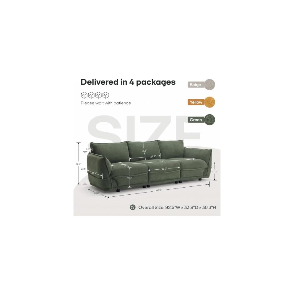 HNY 92" Green Chenille Sofa 3 Seater Mid-Century Modern Couch