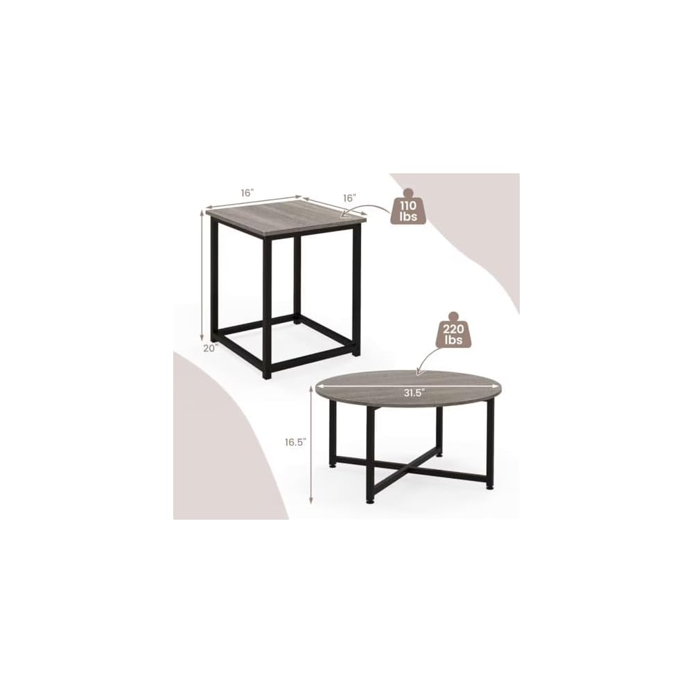 3 Piece Coffee Table Set Round Center Table 2 Square End Tables Gray Black