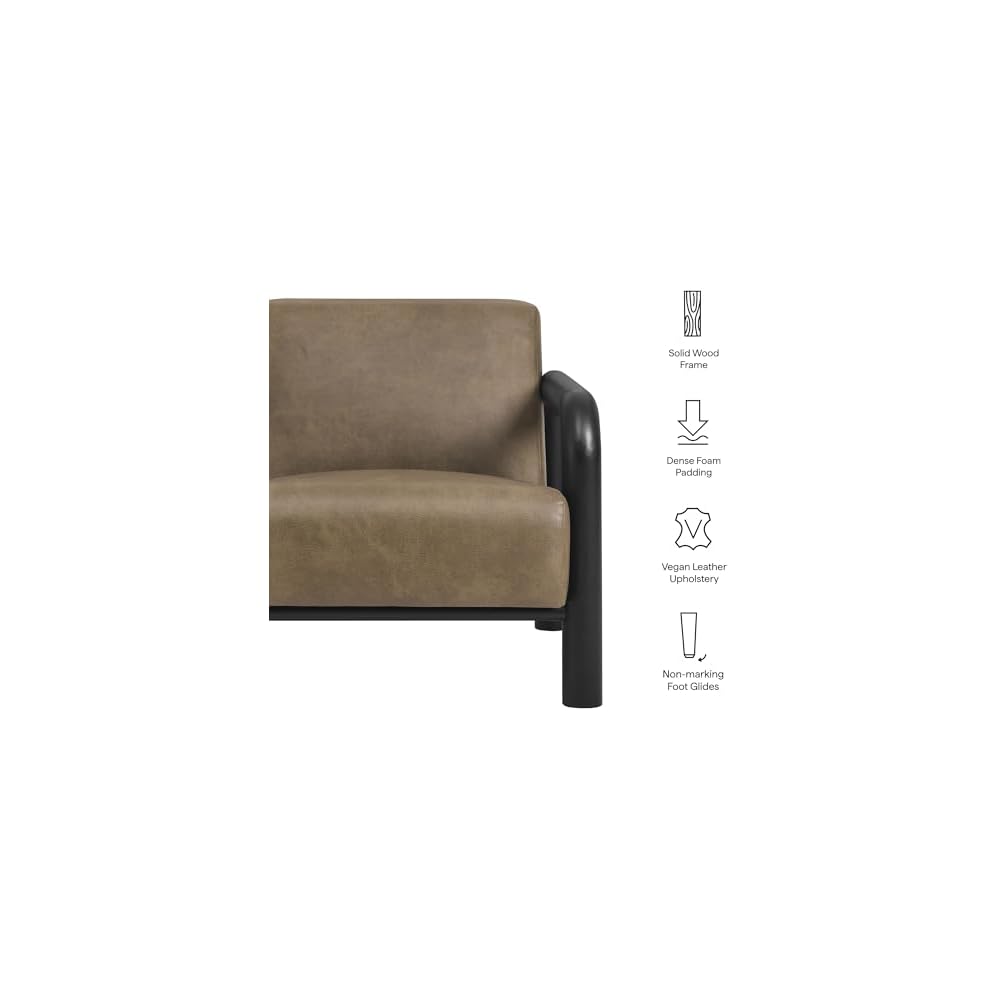 Modway Sereno Modern Vegan Leather Accent Chair in Mushroom Black with Rounded Wood Armrests – Faux Leather Lounge Chair for Living Room or Bedroom