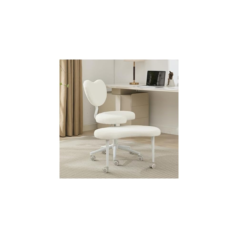 Cross Legged Office Chair Criss Cross Desk Chair with Wheels, ADHD Chairs Wider Meditation Chairs, Ergonomic Kneeling Yoga Seat with Lumbar Support and Footrest for Fidgety Sitters, Ivory-Teddy