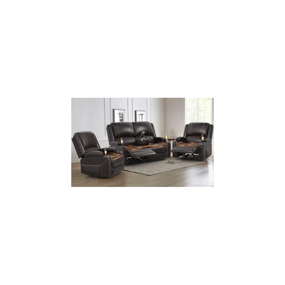 Yolsali Loveseat Lounger Sofa Set with 2 Layers Cushion Living Room 2+1+1 Piece 2 Seater Reclining Double Sofa Leather with Removable Console 2 Oversized Lounger Sofa Seats