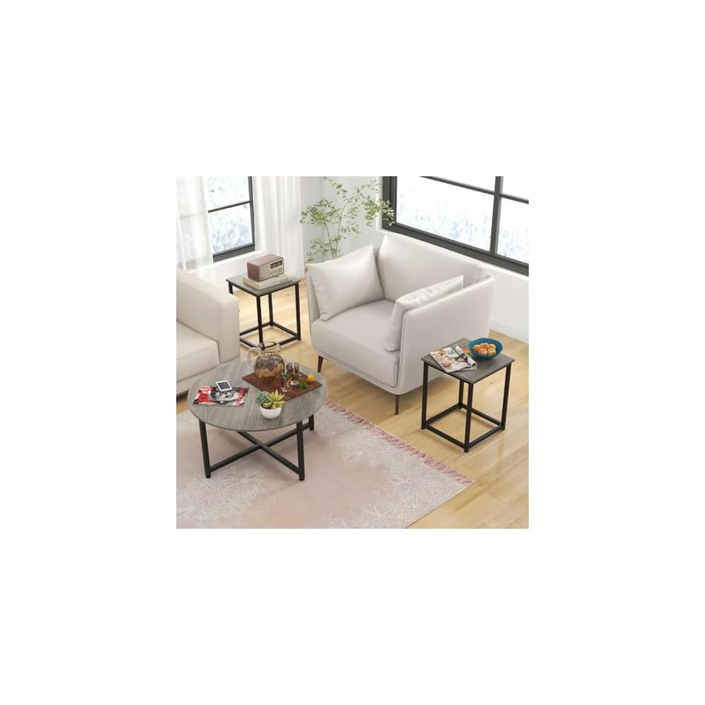 3 Piece Coffee Table Set Round Center Table 2 Square End Tables Gray Black