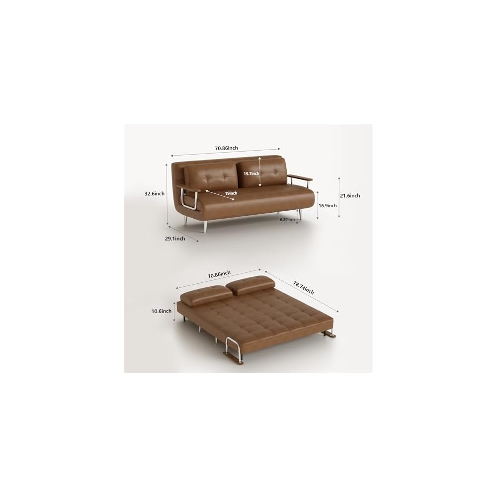 70.86In Faux Leather Convertible Sofa Bed Futon Couch Brownwn