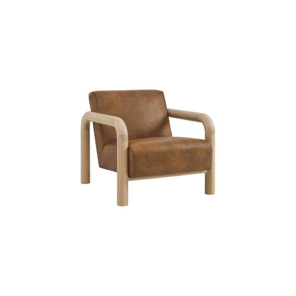 Modway Sereno Modern Vegan Leather Accent Chair in Mushroom Black with Rounded Wood Armrests – Faux Leather Lounge Chair for Living Room or Bedroom