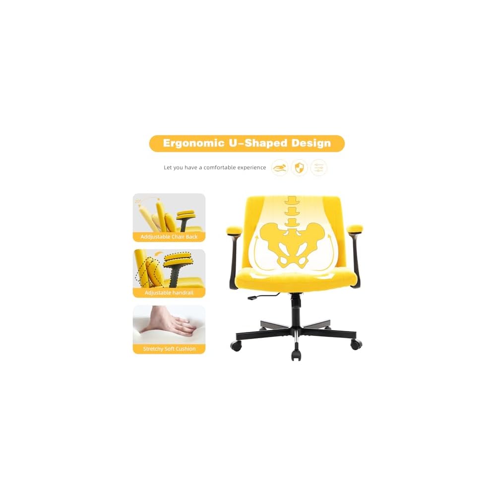 Criss Cross Legged Office Chair with Flip-UP Arms and Wheels,Wide Office Chair with Pillow, Modern Cross-Leg Chair for Home Office, Apartment, Vanity, Ergonomic (Yellow)