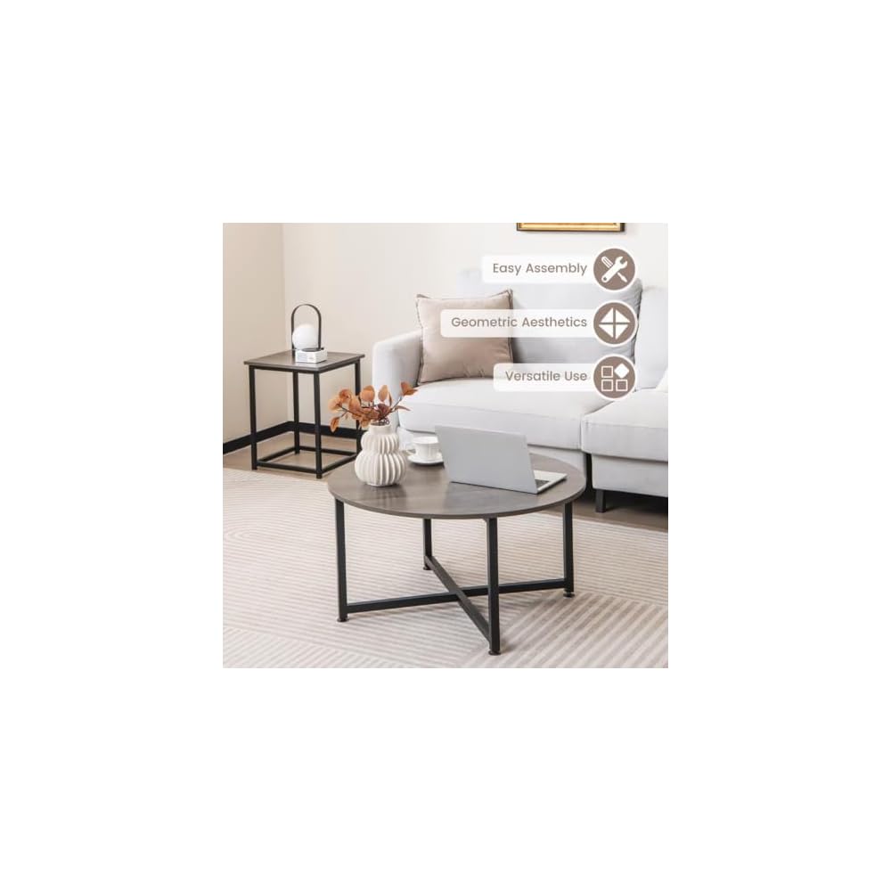 3 Piece Coffee Table Set Round Center Table 2 Square End Tables Gray Black