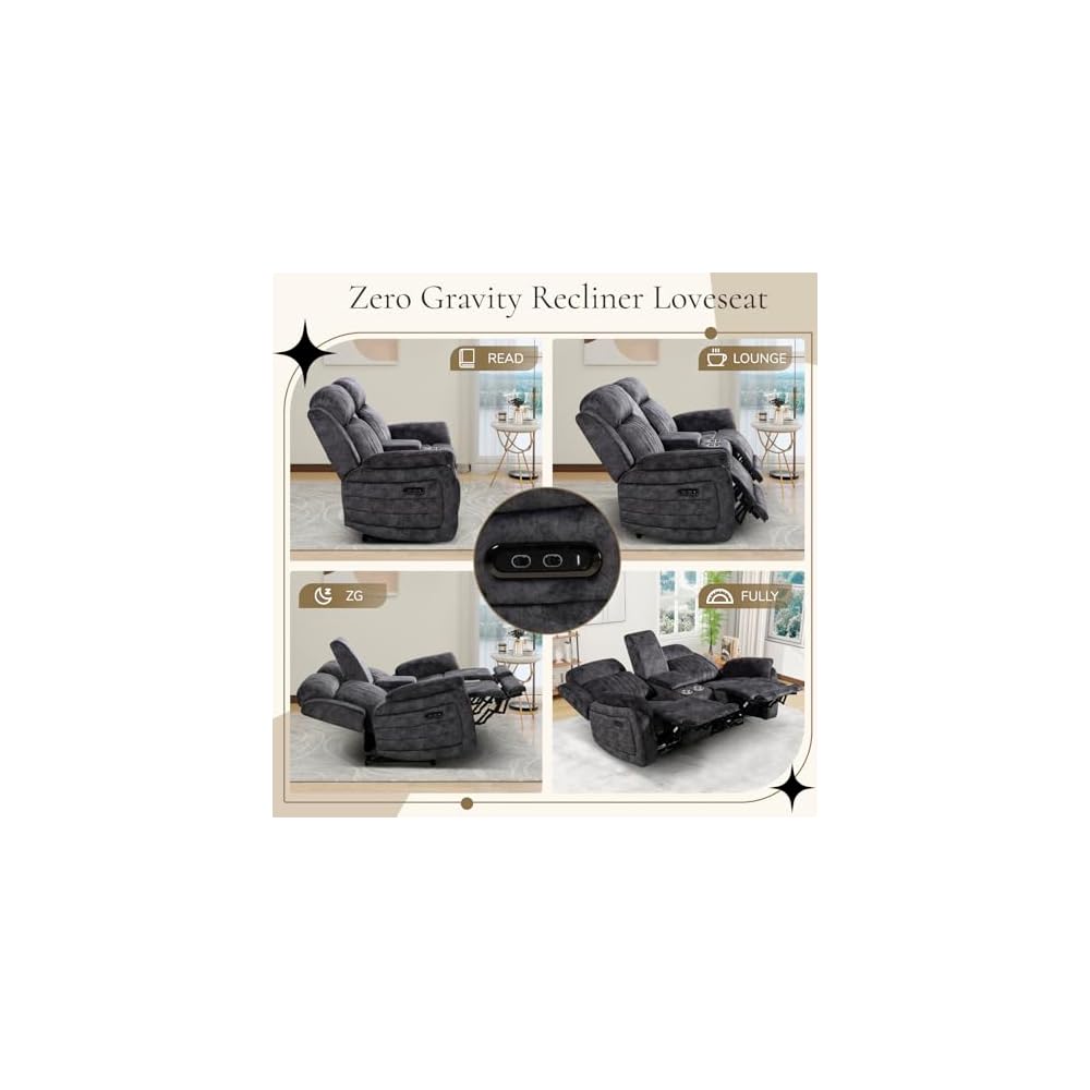 Power Reclining Loveseat with Zero Gravity, Adjustable Headrest, Electric Reclining Loveseat with Console, USB/Type-C Ports, Power Loveseat Recliner Sofa for Living Room (Grey, Loveseat)