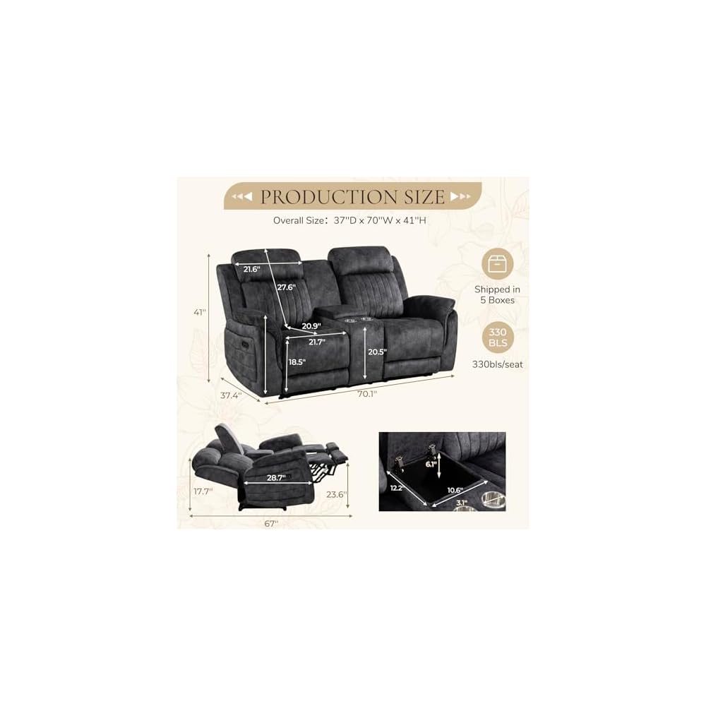 Power Reclining Loveseat with Zero Gravity, Adjustable Headrest, Electric Reclining Loveseat with Console, USB/Type-C Ports, Power Loveseat Recliner Sofa for Living Room (Grey, Loveseat)