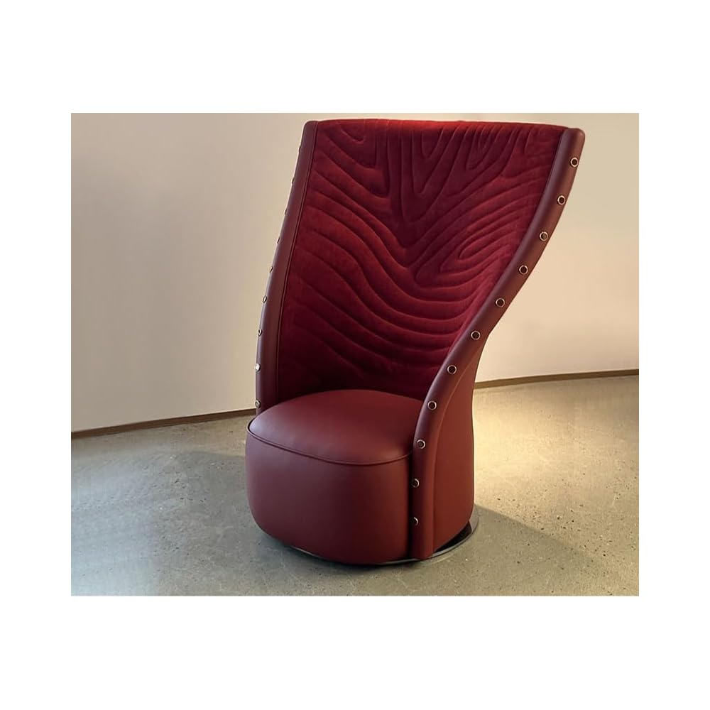 Burgundy Leather Accent Chair with Wave Tufted High Back and Round Metal Base