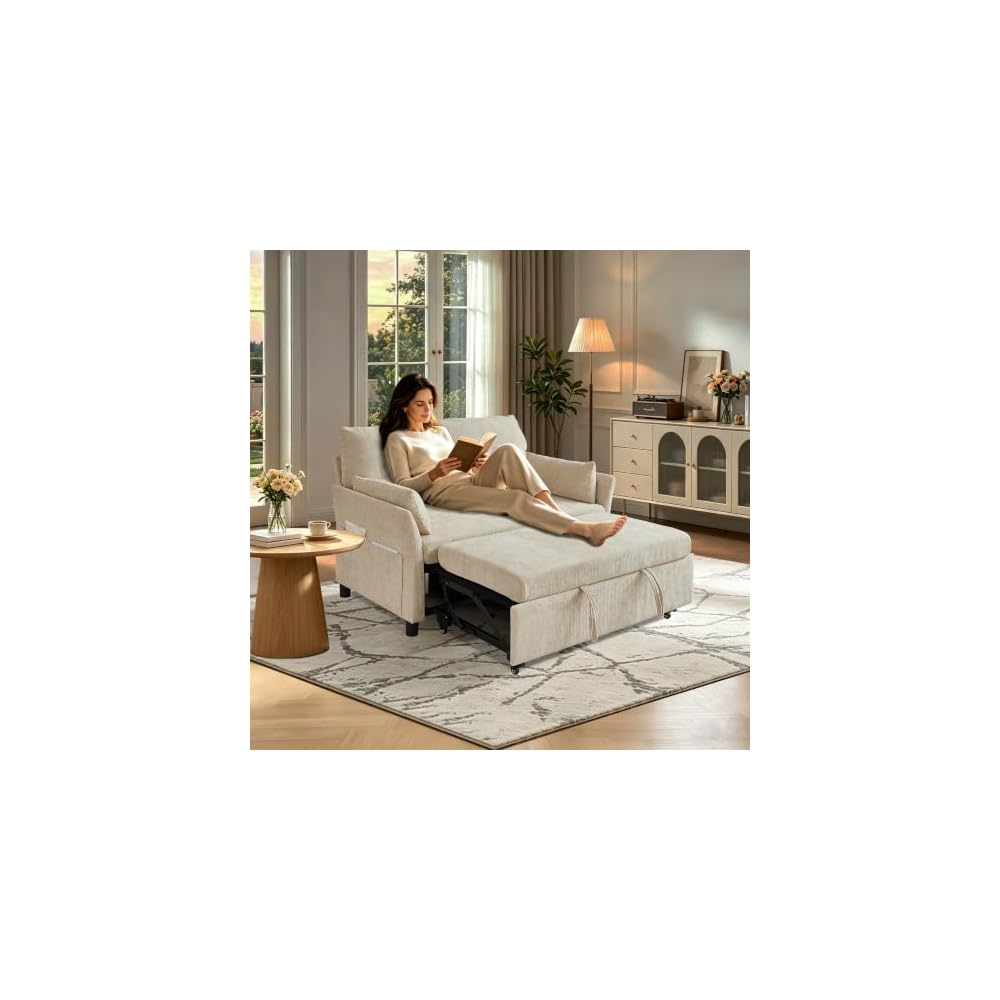 Convertible Sleeper Sofa Bed, 51" Loveseat Pull Out Sleeper Sofa Bed with Adjustable Backrest, Corduroy Love Seat for Living Room Apartment,Beige