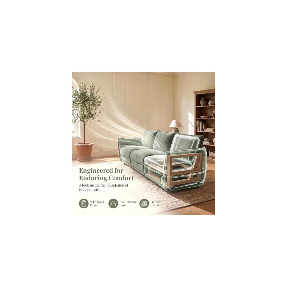HNY 92" Green Chenille Sofa 3 Seater Mid-Century Modern Couch