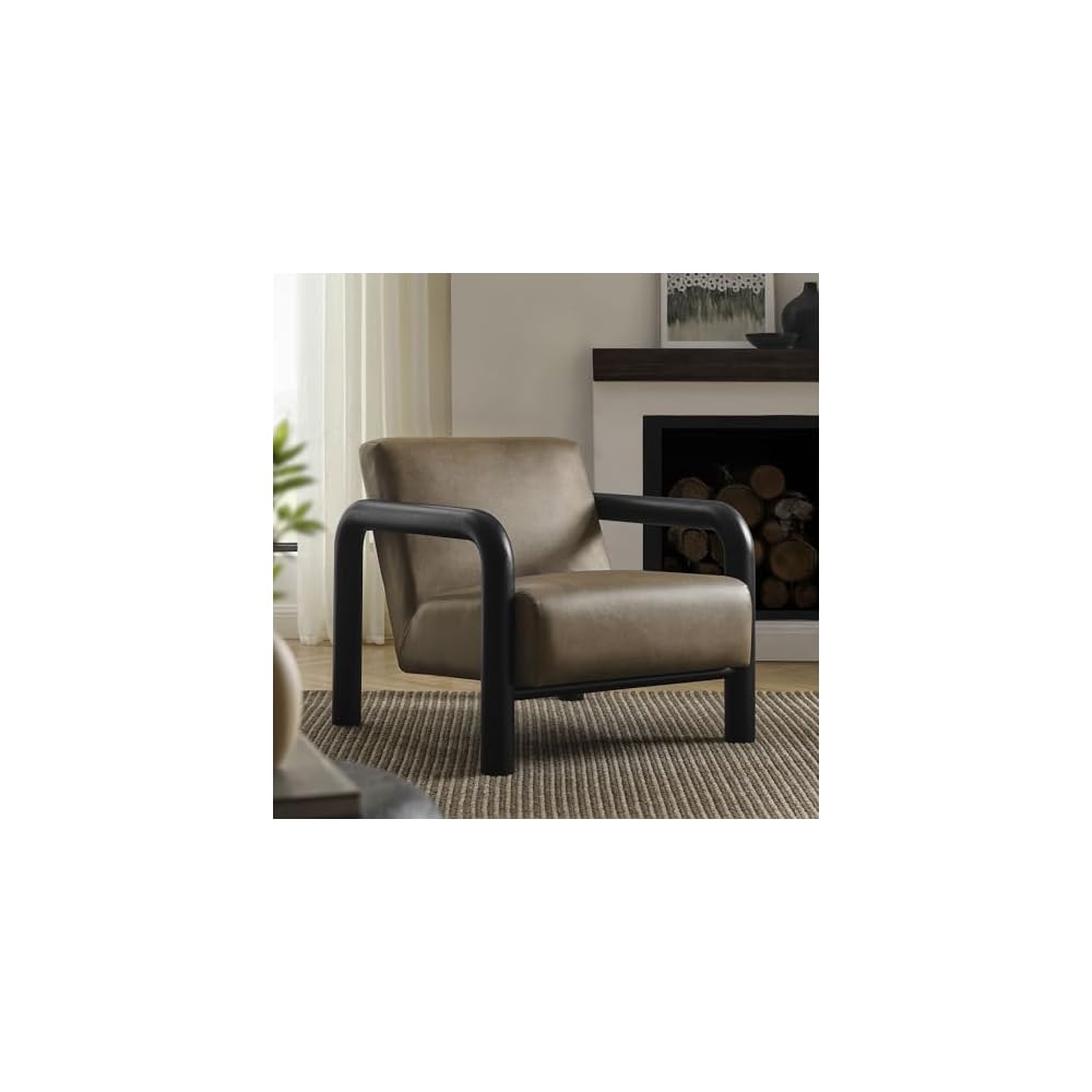Modway Sereno Modern Vegan Leather Accent Chair in Mushroom Black with Rounded Wood Armrests – Faux Leather Lounge Chair for Living Room or Bedroom