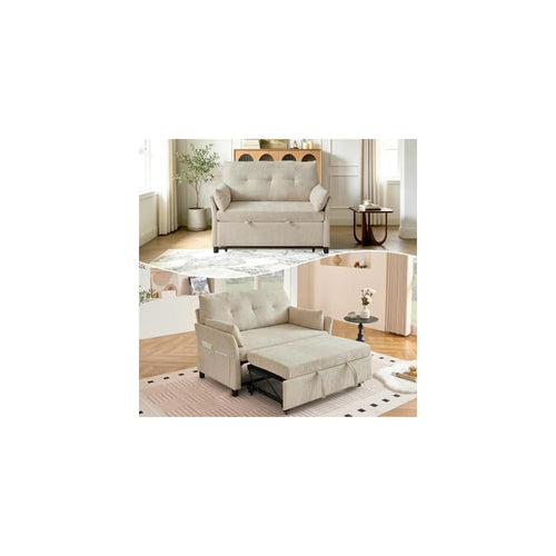 Convertible Sleeper Sofa Bed, 51" Loveseat Pull Out Sleeper Sofa Bed with Adjustable Backrest, Corduroy Love Seat for Living Room Apartment,Beige
