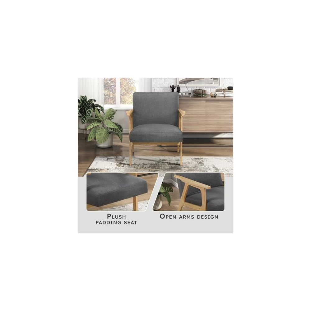 Lexicon Mid Century Modern Accent Chair,Natural Solid Wood Frame,Dark Gray