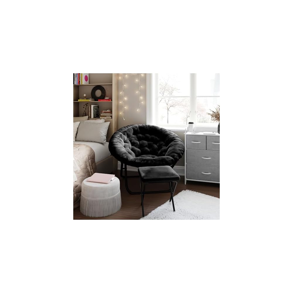 Flash Furniture Oversize Folding Saucer Chair -Ottoman, Black Faux Fur