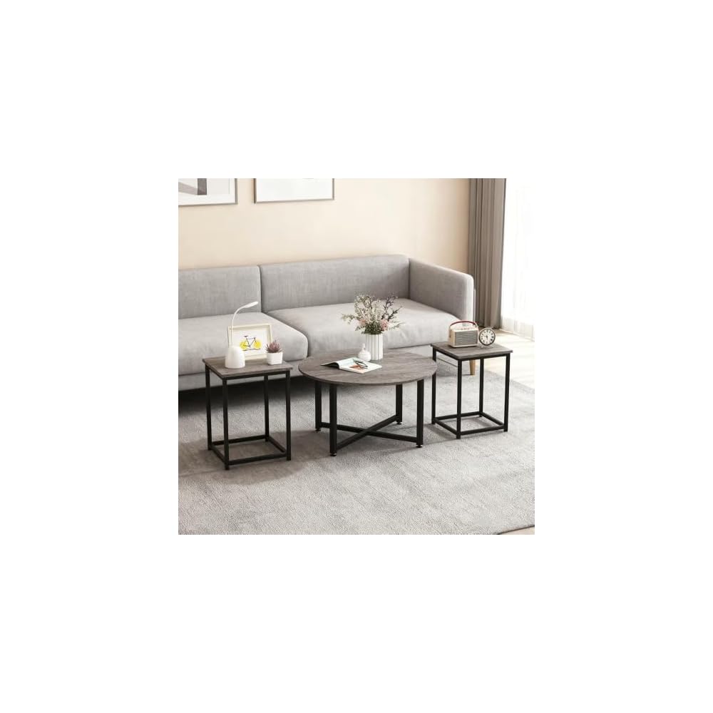 3 Piece Coffee Table Set Round Center Table 2 Square End Tables Gray Black