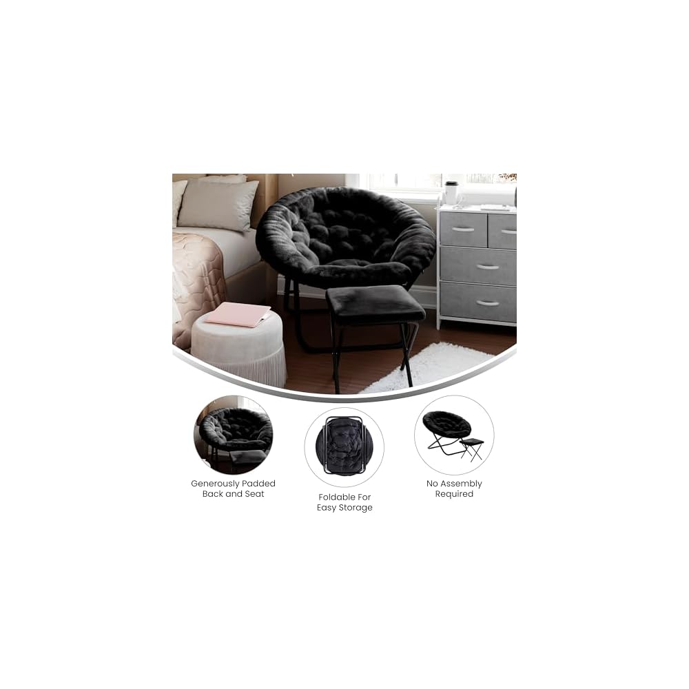 Flash Furniture Oversize Folding Saucer Chair -Ottoman, Black Faux Fur