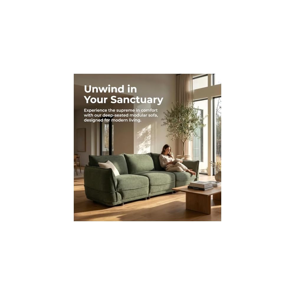 HNY 92" Green Chenille Sofa 3 Seater Mid-Century Modern Couch