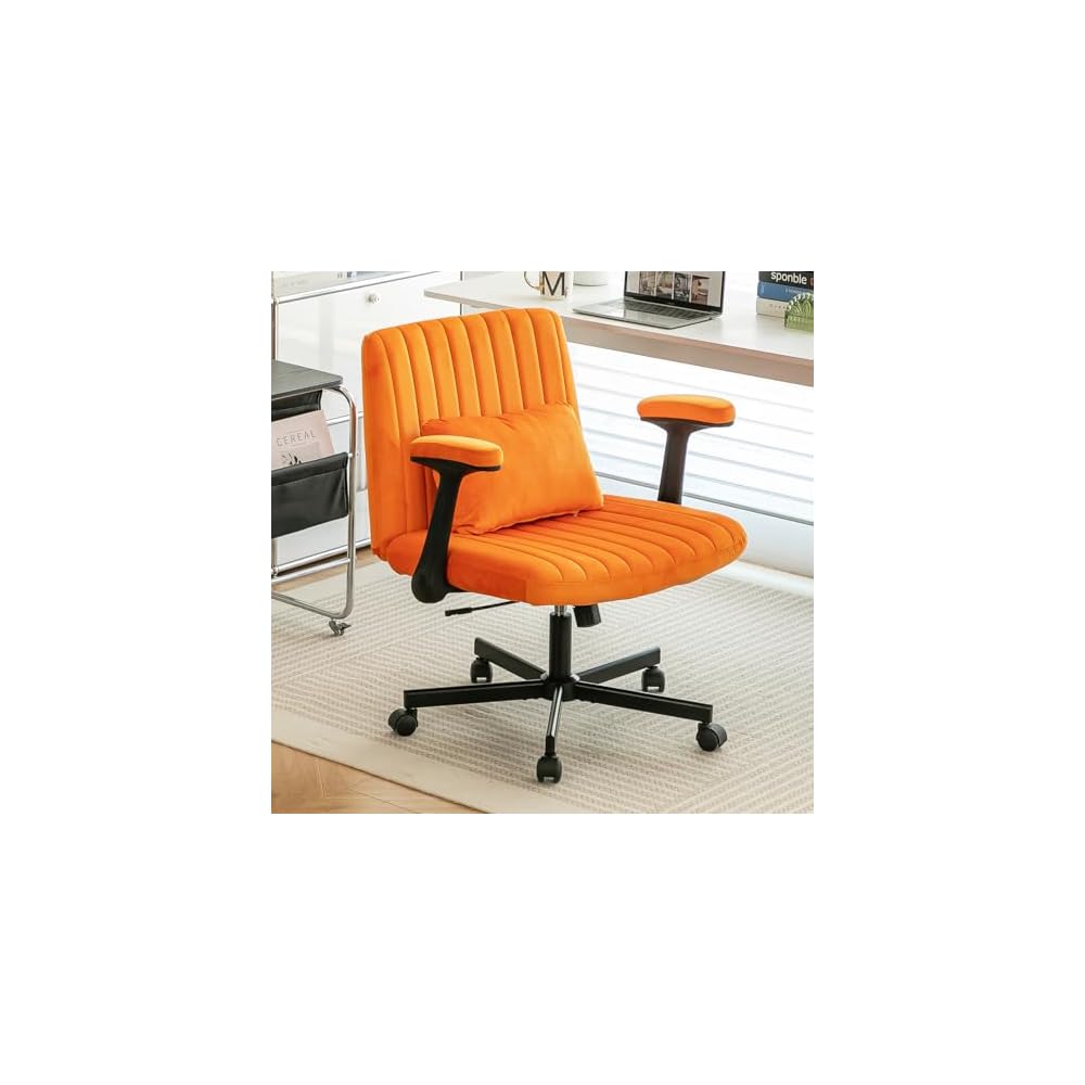 Criss Cross Legged Office Chair with Flip-UP Arms and Wheels,Wide Office Chair with Pillow, Modern Cross-Leg Chair for Home Office, Apartment, Vanity, Ergonomic (Yellow)