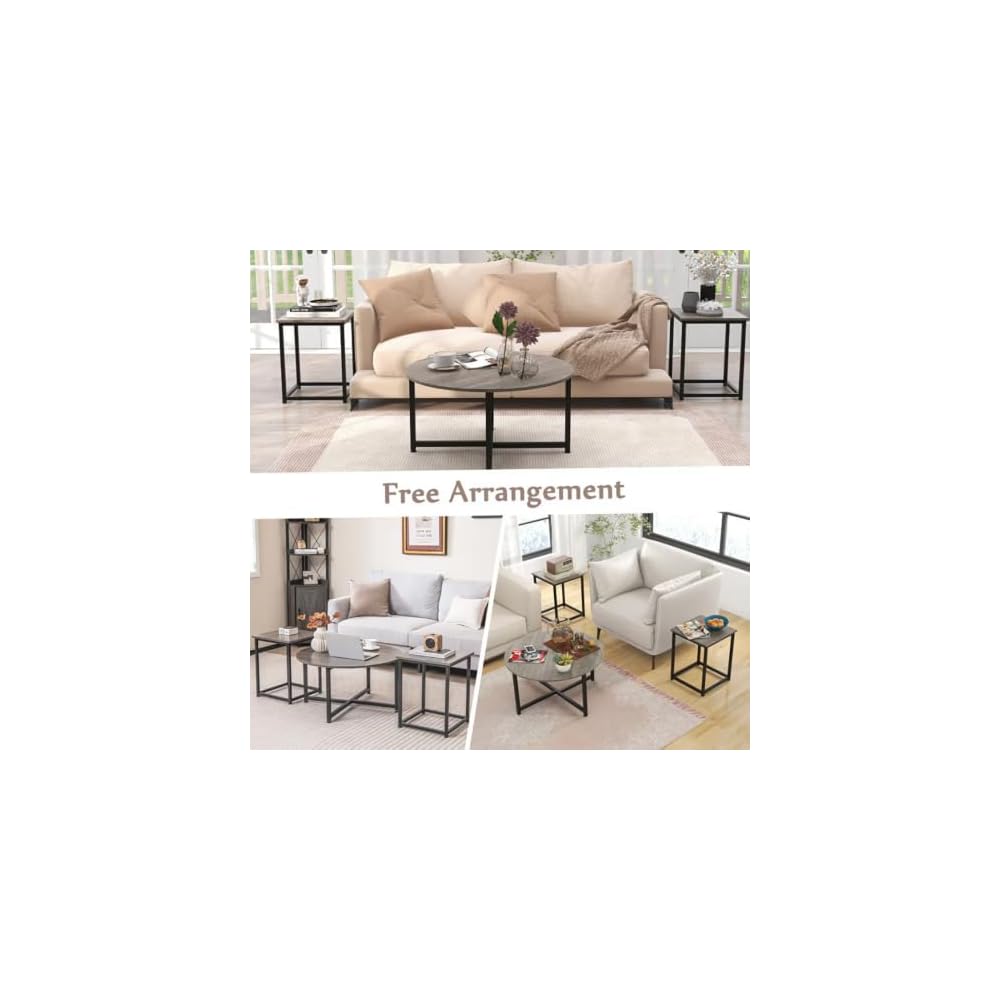 3 Piece Coffee Table Set Round Center Table 2 Square End Tables Gray Black