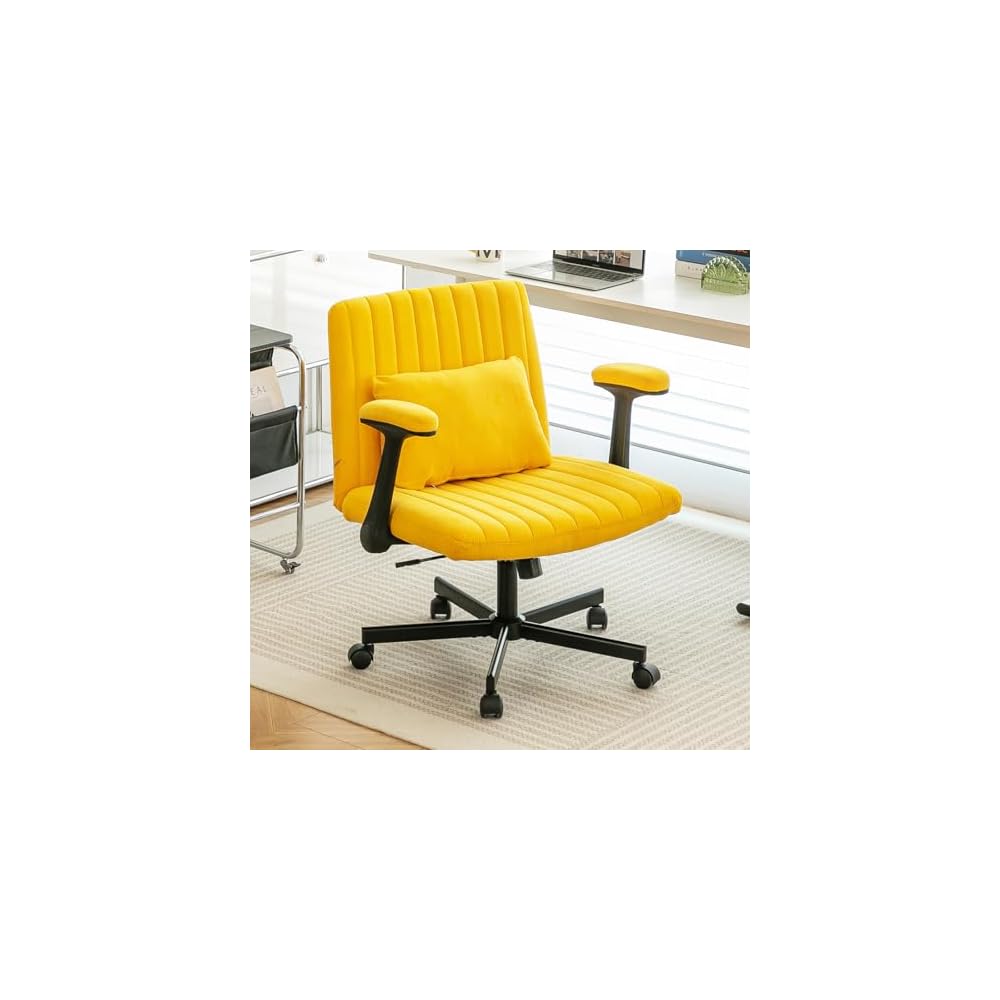 Criss Cross Legged Office Chair with Flip-UP Arms and Wheels,Wide Office Chair with Pillow, Modern Cross-Leg Chair for Home Office, Apartment, Vanity, Ergonomic (Yellow)