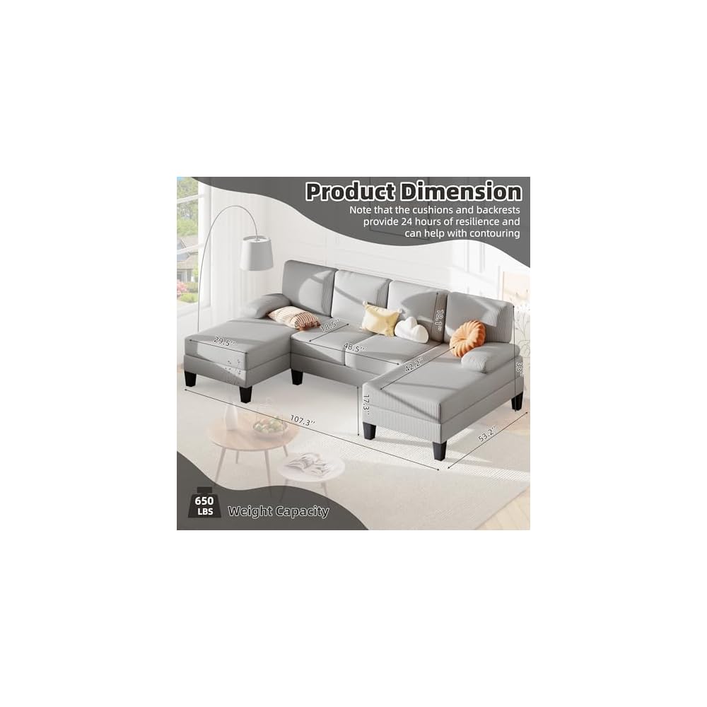 Bezseller 107.3" Sectional Couches for Living Room Corduroy Fabric, Grey