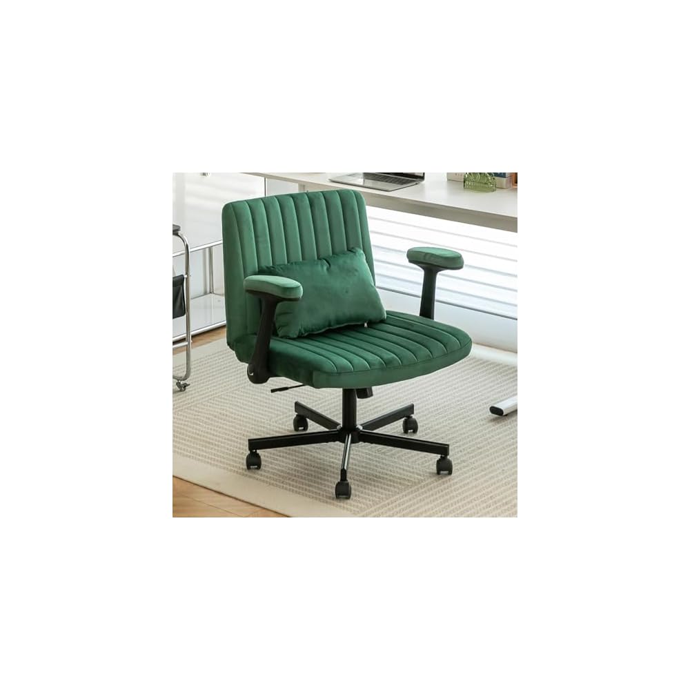 Criss Cross Legged Office Chair with Flip-UP Arms and Wheels,Wide Office Chair with Pillow, Modern Cross-Leg Chair for Home Office, Apartment, Vanity, Ergonomic (Yellow)