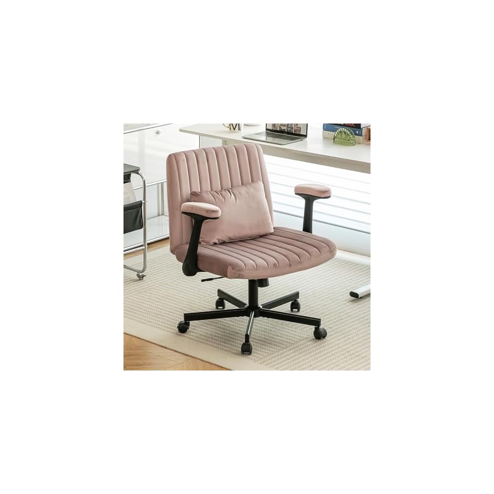 Criss Cross Legged Office Chair with Flip-UP Arms and Wheels,Wide Office Chair with Pillow, Modern Cross-Leg Chair for Home Office, Apartment, Vanity, Ergonomic (Yellow)