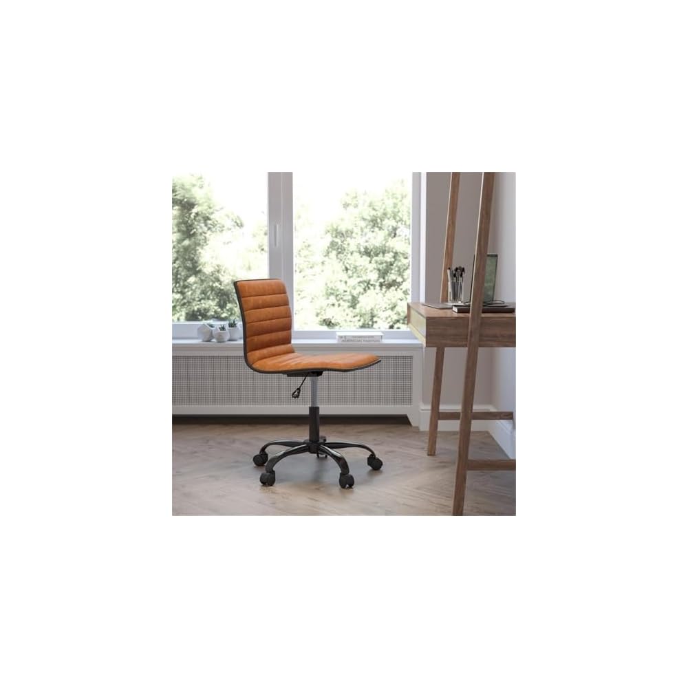 Scranton & Co Contemporary Vinyl Low Back Swivel Office Chair, Brown and Black Finish, Foam Seat, Armless Design, Adjustable Height, 360° Swivel, Heavy-Duty Base, Dual-Wheel Casters, Home or Office