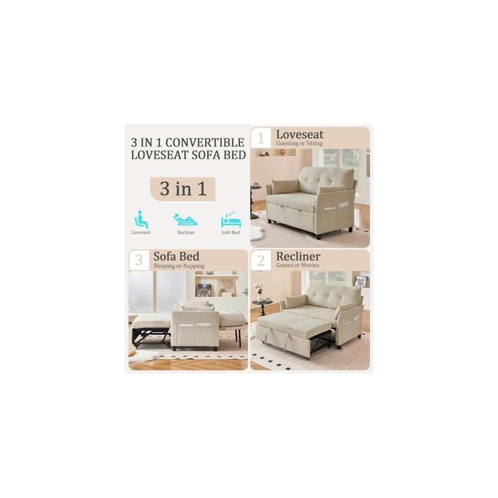 Convertible Sleeper Sofa Bed, 51" Loveseat Pull Out Sleeper Sofa Bed with Adjustable Backrest, Corduroy Love Seat for Living Room Apartment,Beige