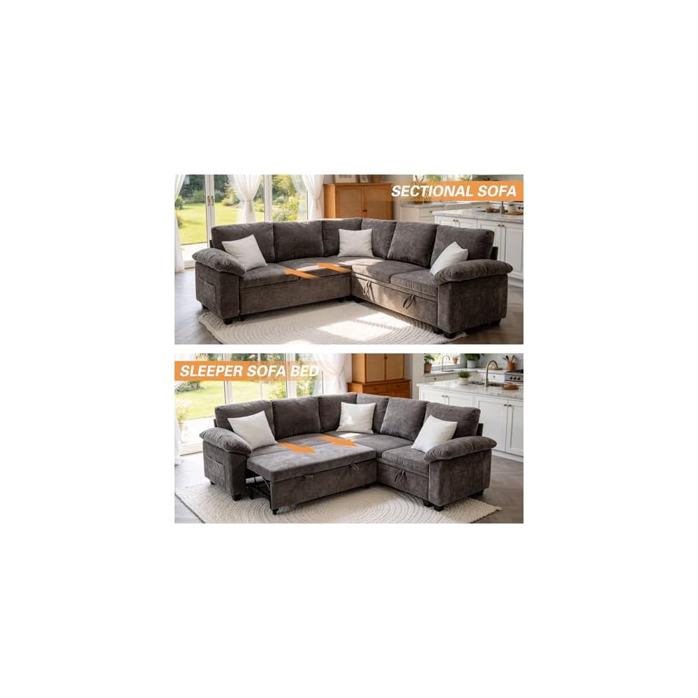Sofa Bed, Sleeper Sofa with Pull Out Bed, L Shaped Modular Sectional Couch with Storage Ottoman, Modern Chenille Cloud Couch, Convertible Sofa Cama para Sala (Gray, 5-Seater)