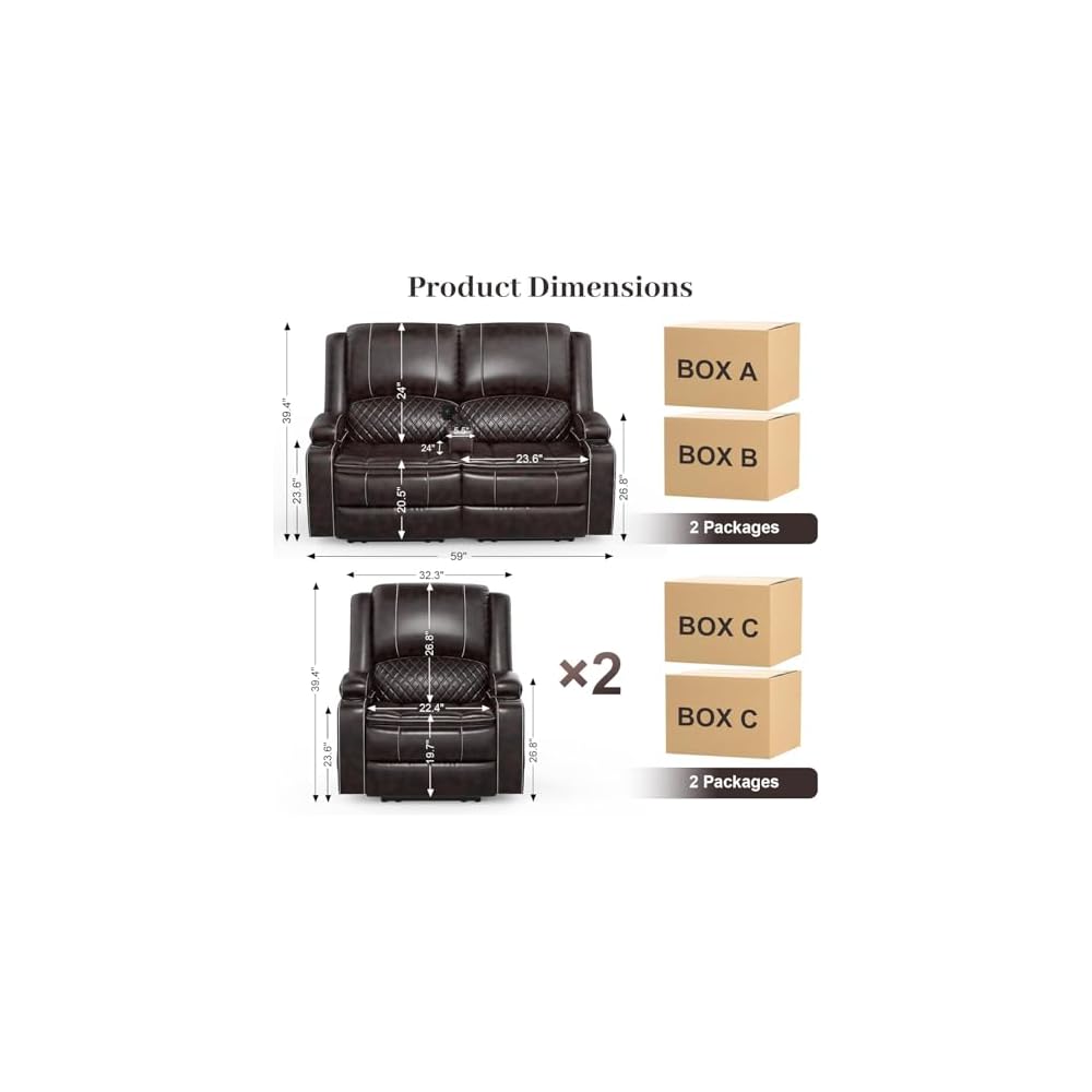 Yolsali Loveseat Lounger Sofa Set with 2 Layers Cushion Living Room 2+1+1 Piece 2 Seater Reclining Double Sofa Leather with Removable Console 2 Oversized Lounger Sofa Seats