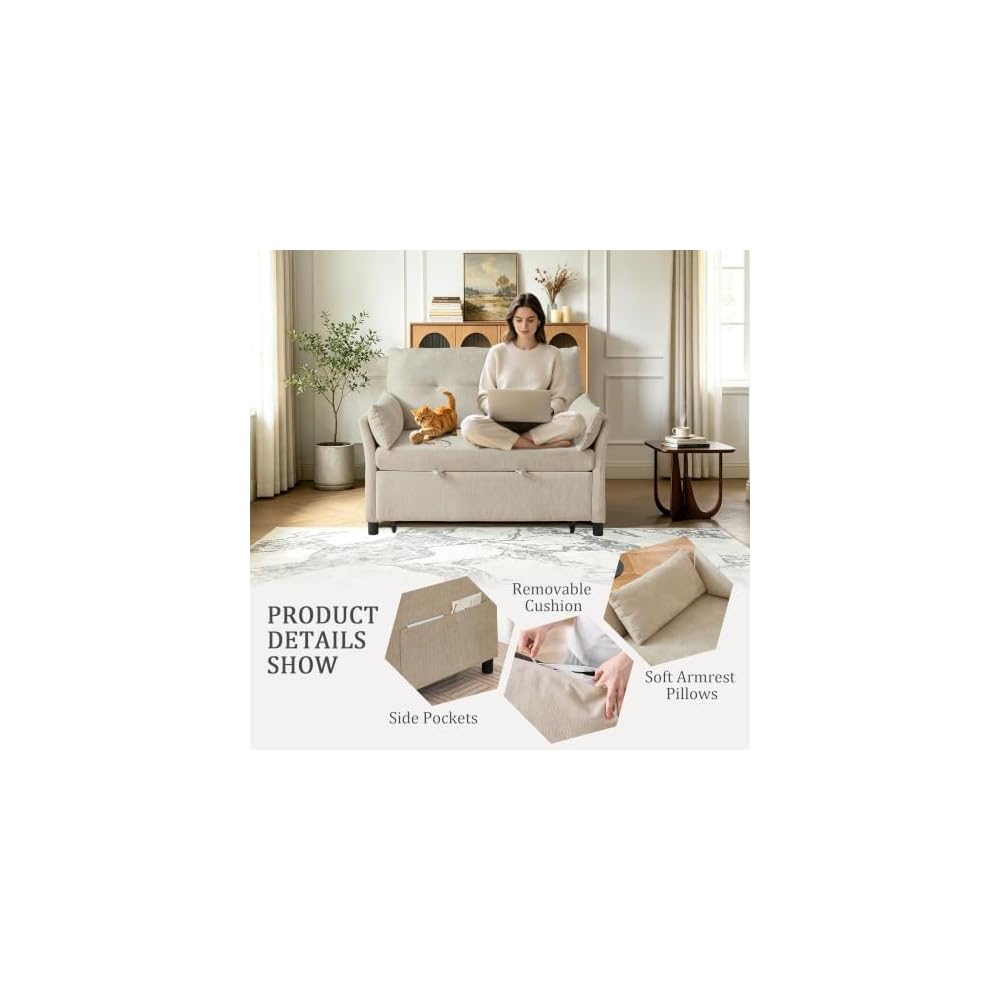 Convertible Sleeper Sofa Bed, 51" Loveseat Pull Out Sleeper Sofa Bed with Adjustable Backrest, Corduroy Love Seat for Living Room Apartment,Beige