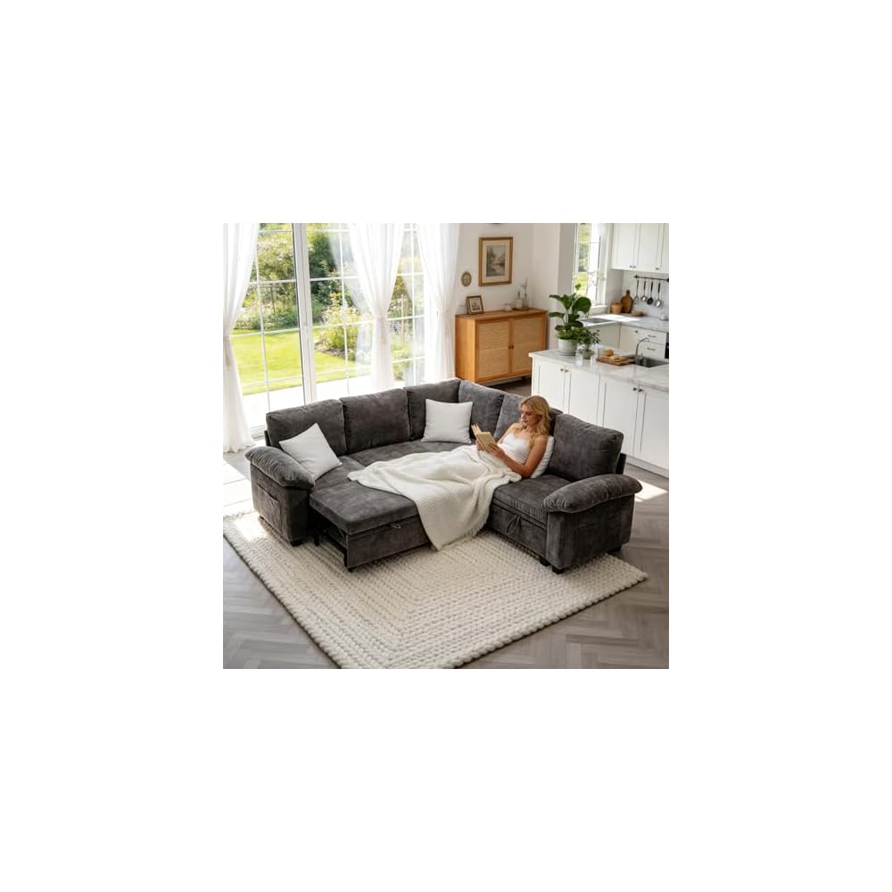 Sofa Bed, Sleeper Sofa with Pull Out Bed, L Shaped Modular Sectional Couch with Storage Ottoman, Modern Chenille Cloud Couch, Convertible Sofa Cama para Sala (Gray, 5-Seater)