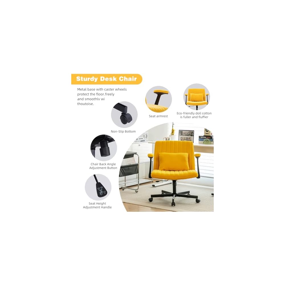 Criss Cross Legged Office Chair with Flip-UP Arms and Wheels,Wide Office Chair with Pillow, Modern Cross-Leg Chair for Home Office, Apartment, Vanity, Ergonomic (Yellow)