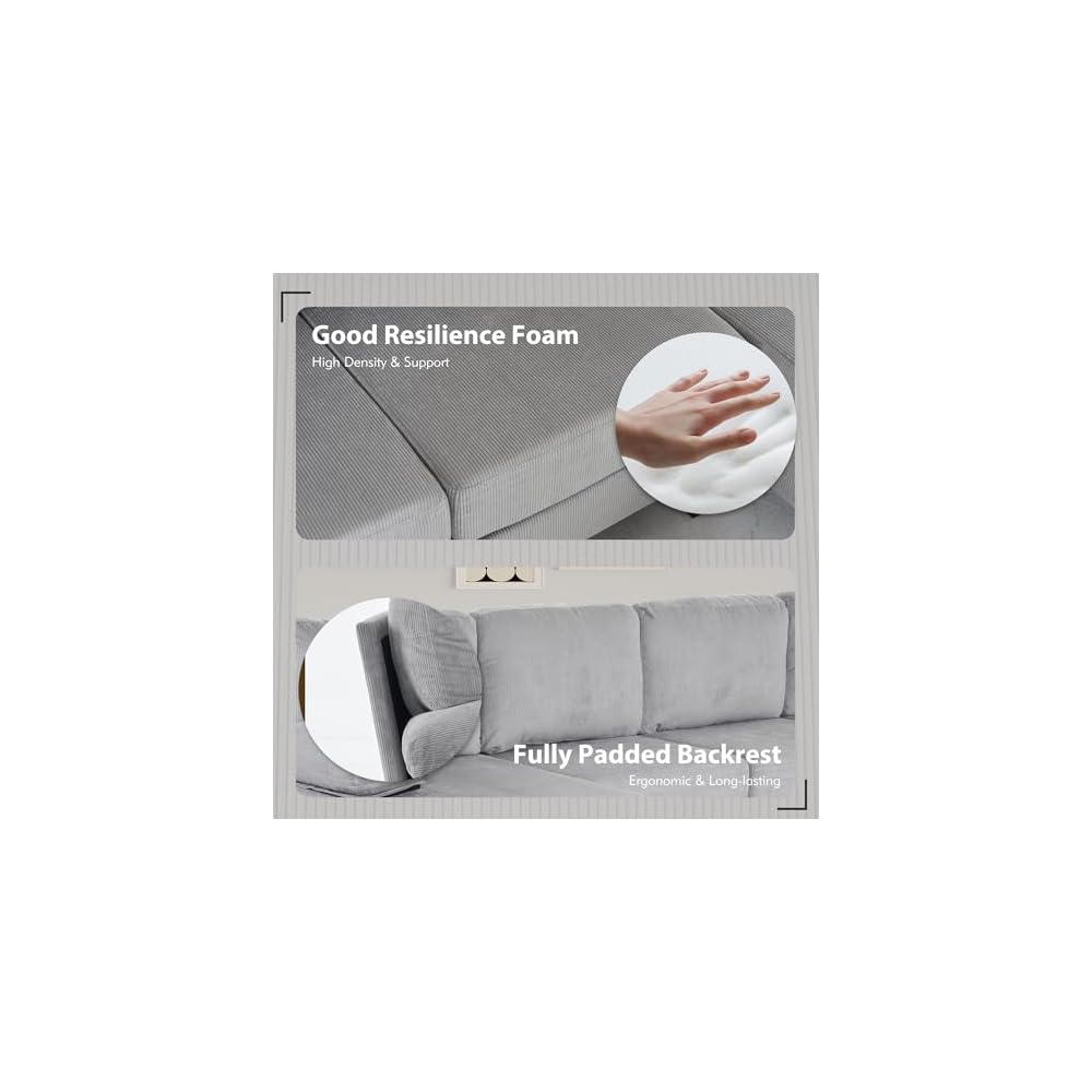 Bezseller 107.3" Sectional Couches for Living Room Corduroy Fabric, Grey