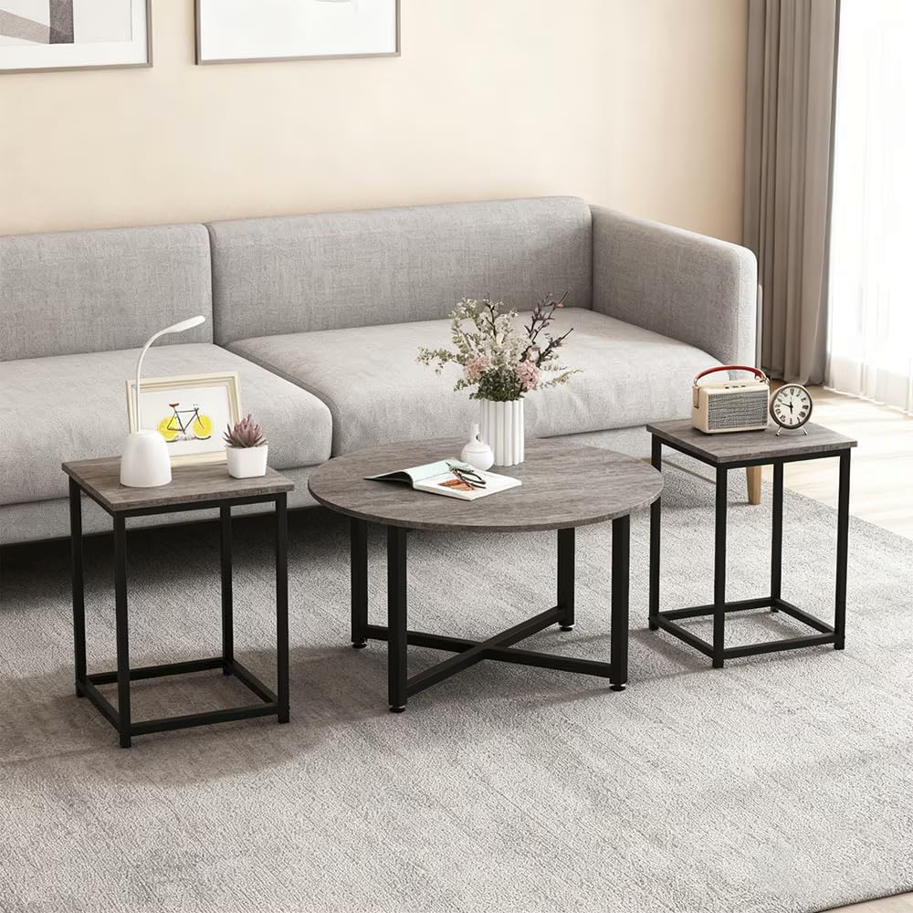 3 Piece Coffee Table Set Round Center Table 2 Square End Tables Gray Black