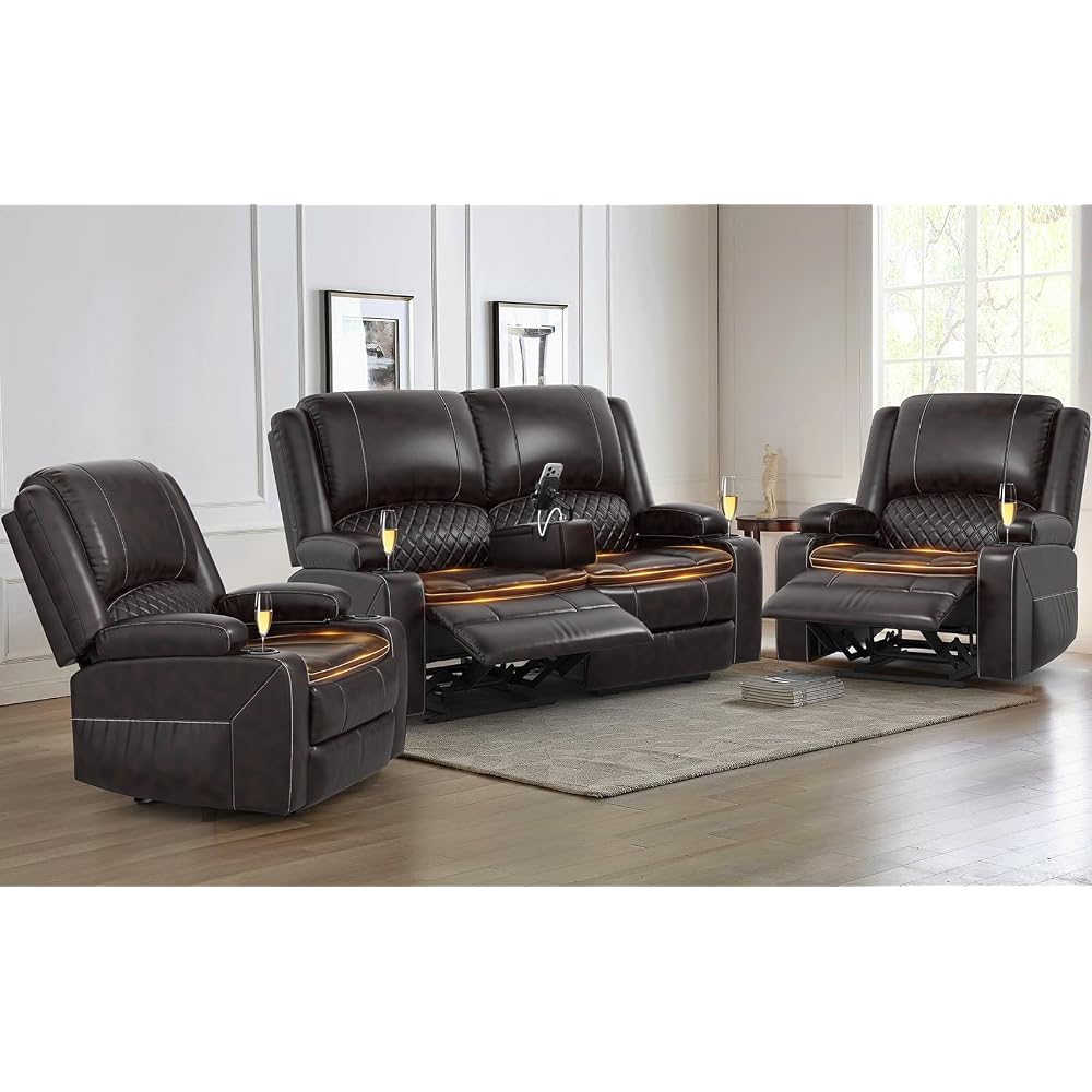Yolsali Loveseat Lounger Sofa Set with 2 Layers Cushion Living Room 2+1+1 Piece 2 Seater Reclining Double Sofa Leather with Removable Console 2 Oversized Lounger Sofa Seats