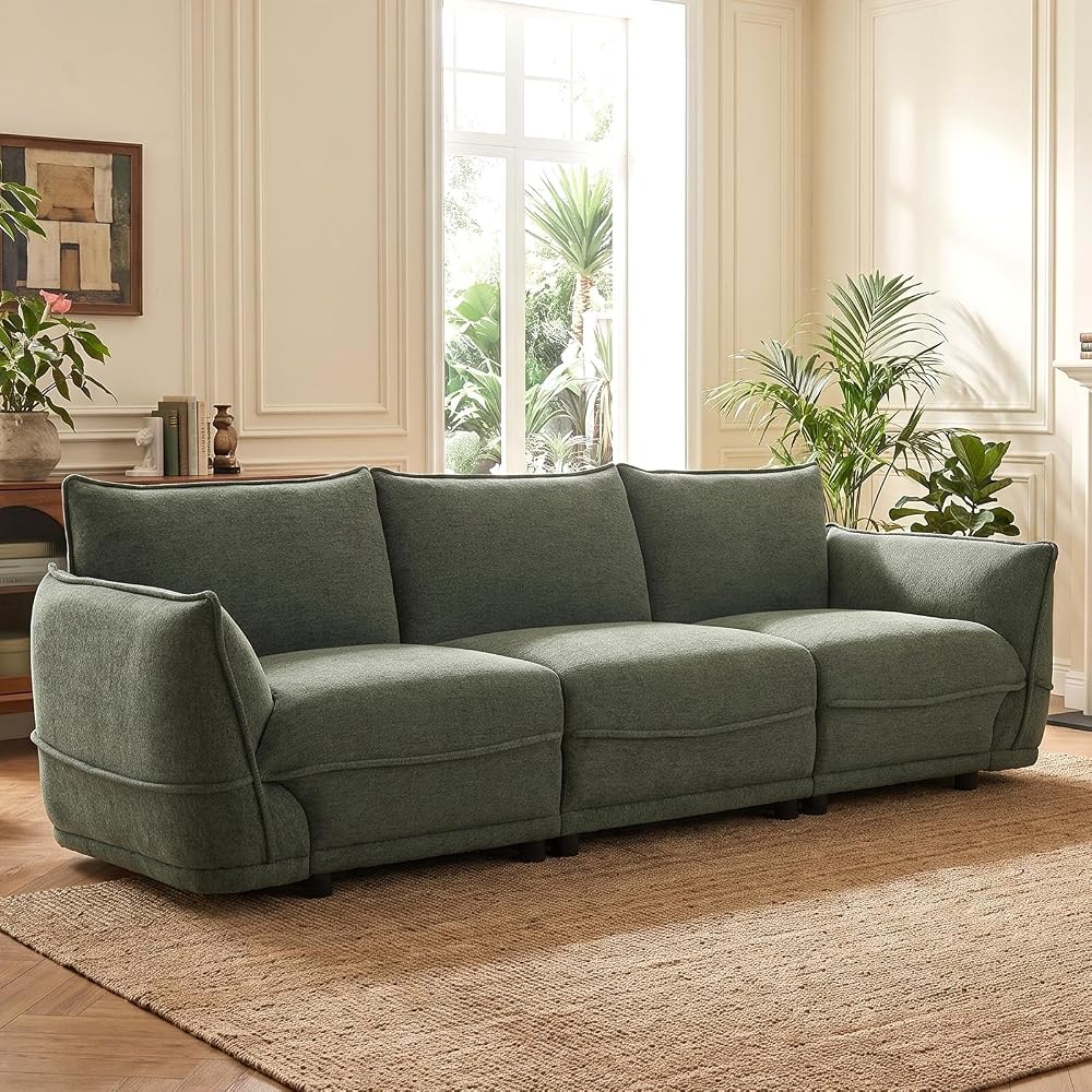 HNY 92" Green Chenille Sofa 3 Seater Mid-Century Modern Couch