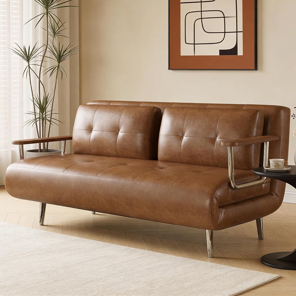 70.86In Faux Leather Convertible Sofa Bed Futon Couch Brownwn