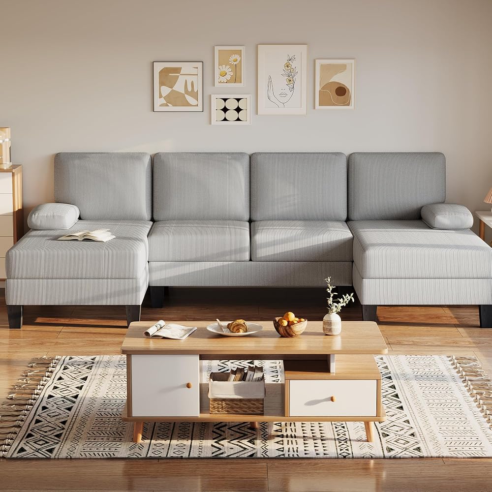 Bezseller 107.3" Sectional Couches for Living Room Corduroy Fabric, Grey