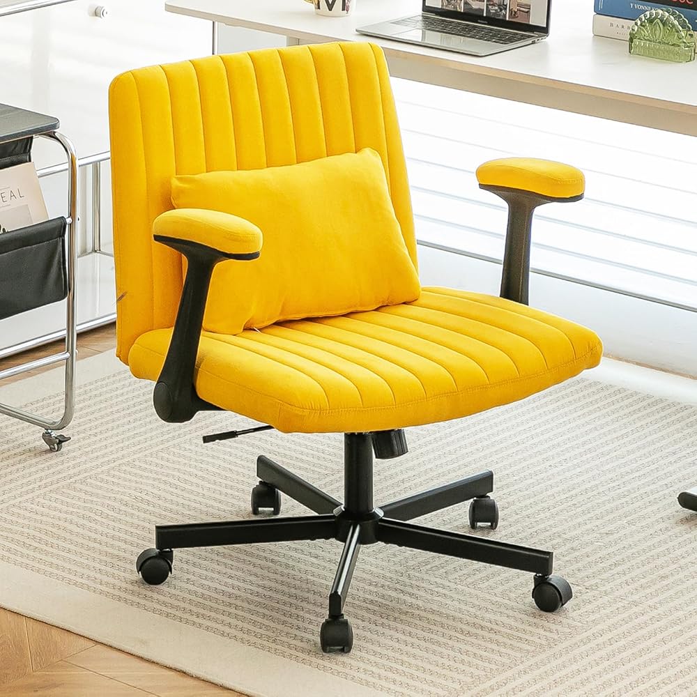 Criss Cross Legged Office Chair with Flip-UP Arms and Wheels,Wide Office Chair with Pillow, Modern Cross-Leg Chair for Home Office, Apartment, Vanity, Ergonomic (Yellow)