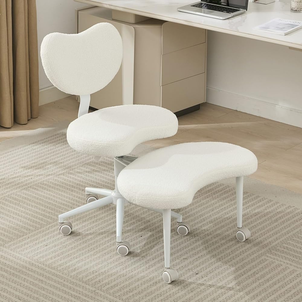 Cross Legged Office Chair Criss Cross Desk Chair with Wheels, ADHD Chairs Wider Meditation Chairs, Ergonomic Kneeling Yoga Seat with Lumbar Support and Footrest for Fidgety Sitters, Ivory-Teddy