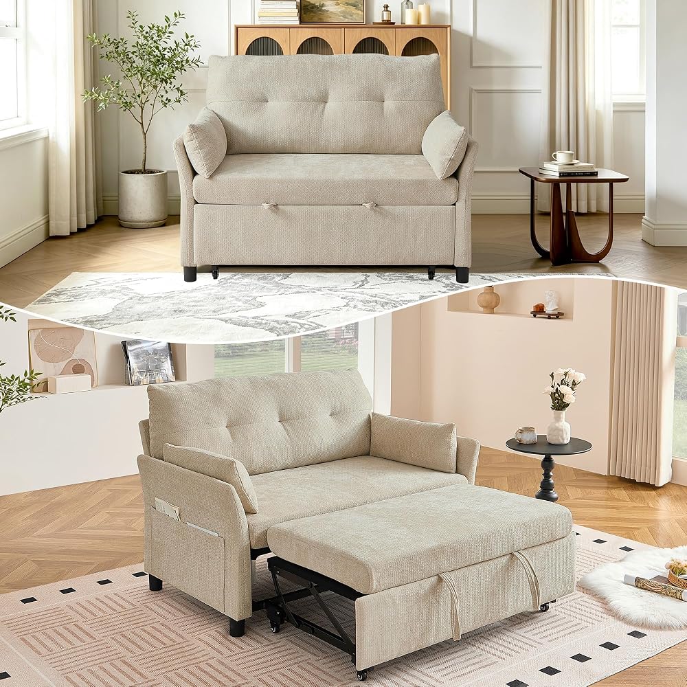 Convertible Sleeper Sofa Bed, 51" Loveseat Pull Out Sleeper Sofa Bed with Adjustable Backrest, Corduroy Love Seat for Living Room Apartment,Beige